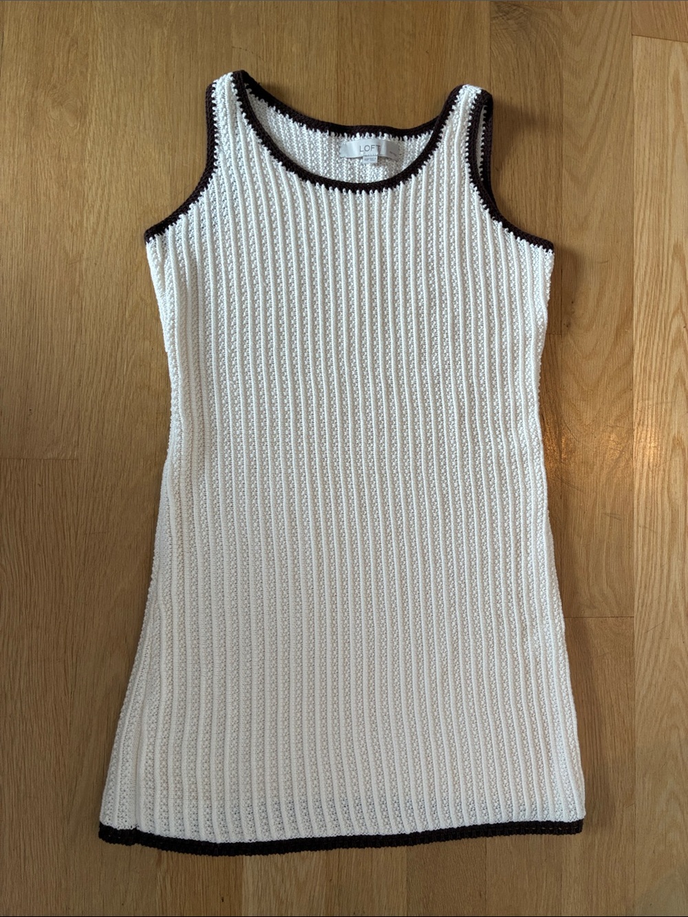 LOFT Cream Ribbed Tank Dress with Chocolate Brown Trim